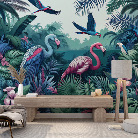 Tapete Vögel | Flamingos und tropische Dekoration