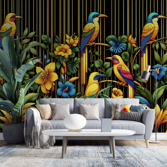 Tapete Vögel | Schwarzer Hintergrund mit goldenen Vögeln