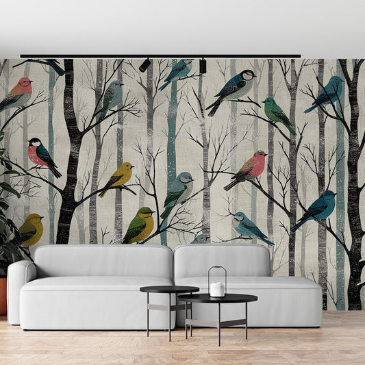 Tapete Vögel | Schwarz-weißer Wald mit bunten Vögeln
