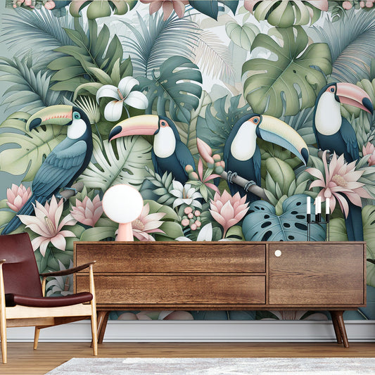 Tapete Vögel | Tukane, Monstera und Palmblätter