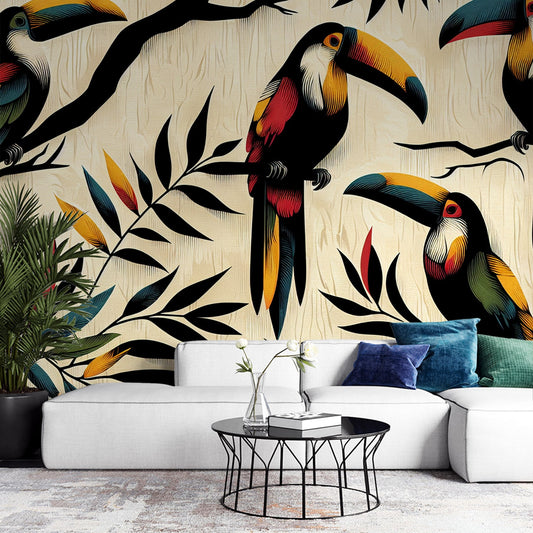Tapete Vögel | Vintage Tukan in gedämpften Farben