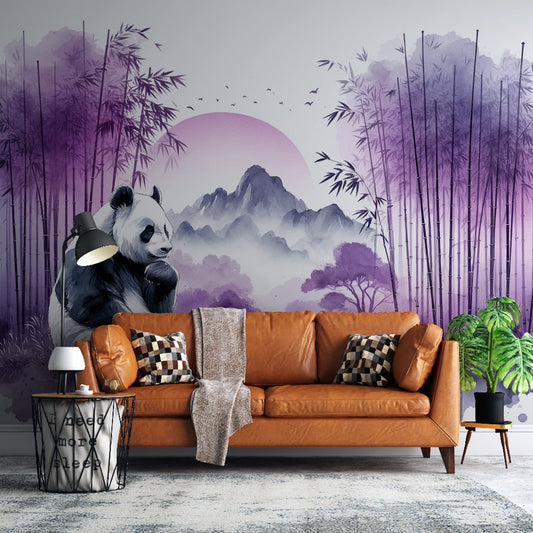 Tapete Tiere Panda | Bambuswald und lila Berg