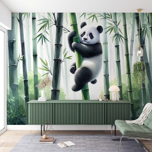 Tapete Tiere Panda | Grüner Bambuswald mit hängendem Panda