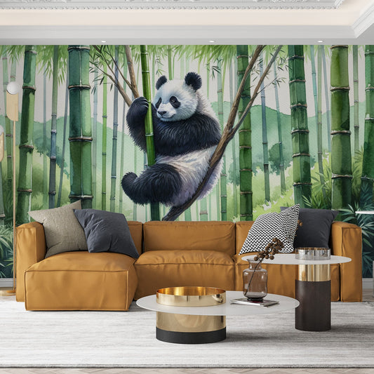 Tapete Tiere Panda | Grüner Bambuswald in Aquarell