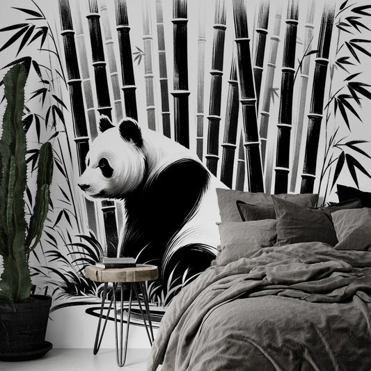 Tapete Tiere Panda | Schwarz-Weiß japanischer Stil