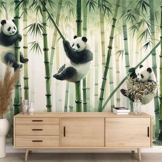 Tapete Tiere Panda | Drei Pandas hängen an ihren Bambusstangen