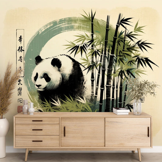 Tapete Tiere Panda | Schwarzer und grüner Bambus mit asiatischer Schrift