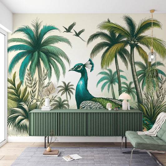 Tapete Pfau | Zeichnung mit Palmen und Blättern