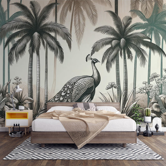 Tapete Pfau | Palmenwald in neutralen Tönen