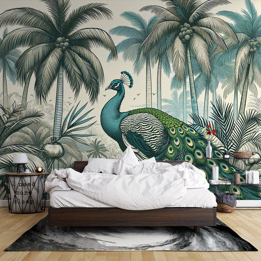 Tapete Pfau | Palme und bunter Pfau
