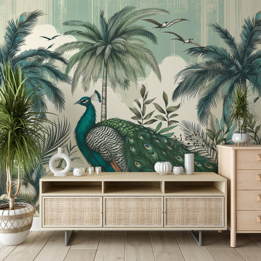 Tapete Pfau | Palmen, Vögel und Wolken Tapete