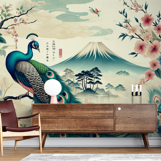 Tapete Pfau | Mount Fuji und traditionelle Blumen-Tapete