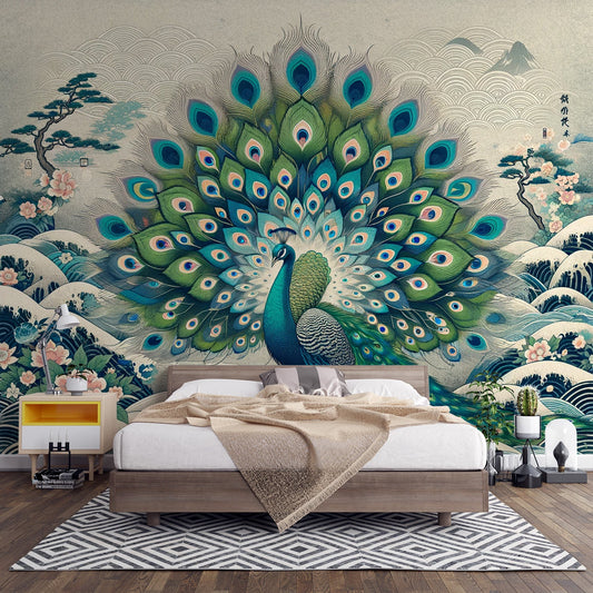 Tapete Pfau | Japanische Welle und Bonsai Tapete