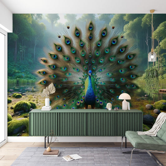 Tapete Pfau | Wald und Pfauenfeder