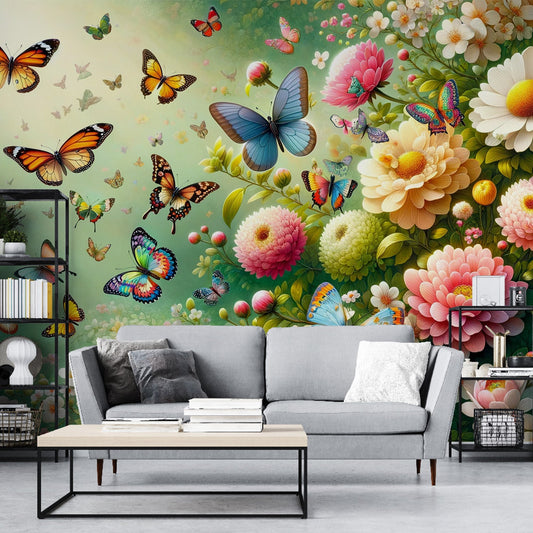 Tapete Schmetterling | Blumen- und Schmetterlingsillustration