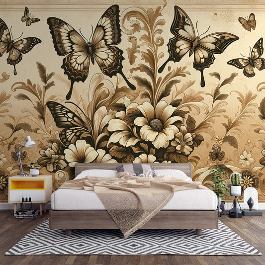 Tapete Schmetterling | Vintage mit Blumen