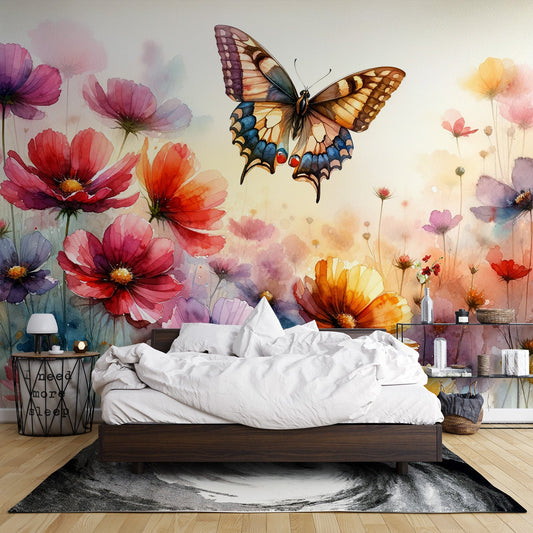 Tapete Schmetterling | Wiesenblumen und majestätischer Schmetterling Tapete