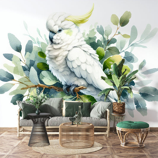 Tapete Papagei | Weißer Kakadu mit gelber Haube Aquarell