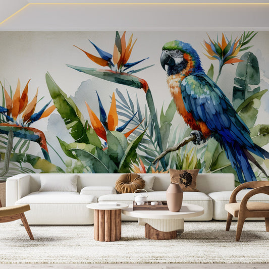 Tapete Papagei | Bunte Aquarell in Blau und Grün auf Vintage-Hintergrund