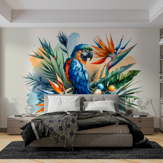 Papagei Tapete | Bunte tropische Aquarell auf seinem Ast