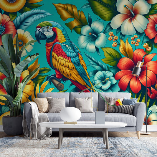 Tapete Papagei | Blumenmuster und Retro-Design