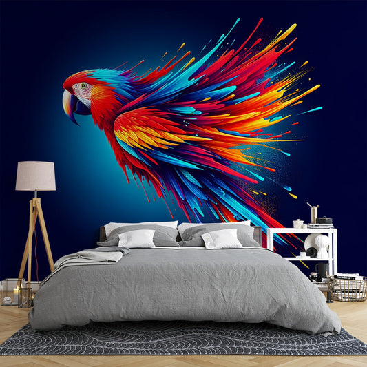 Tapete Papagei | Farbexplosion auf dunkelblauem Hintergrund