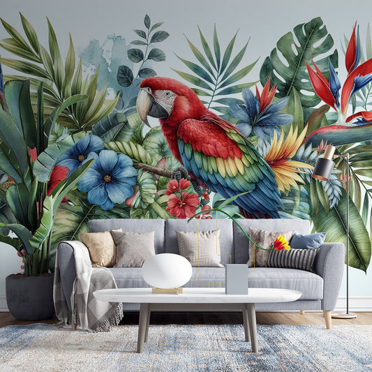 Tapete Papagei | Blätter und bunter Papagei auf hellem blauem Hintergrund