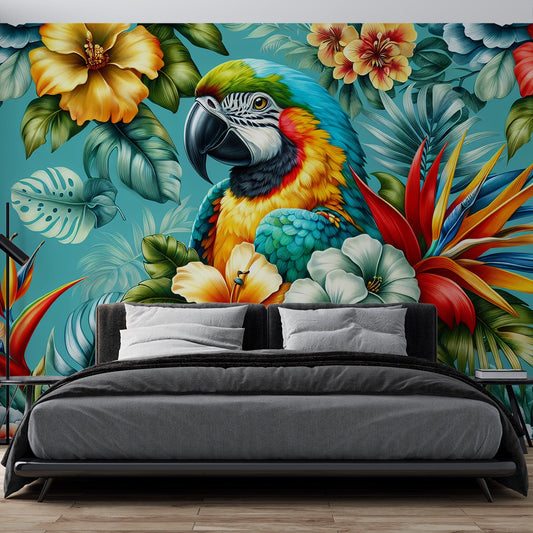 Tapete Papagei | Vintage und bunte Blumen auf blauem Hintergrund