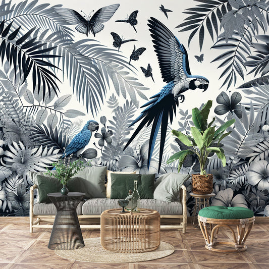 Tapete Papagei | Schwarz-weißer Dschungel mit einem Hauch von Blau