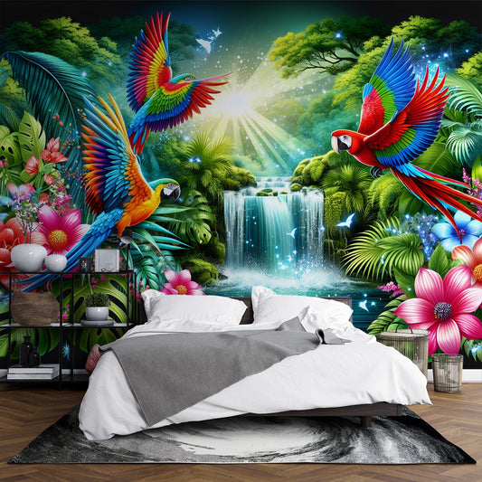 Tapete Papagei | Papageienlandschaft und Wasserfalltapete