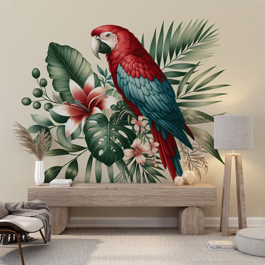 Tapete Papagei | Rot und Blau auf seinen grünen Blättern