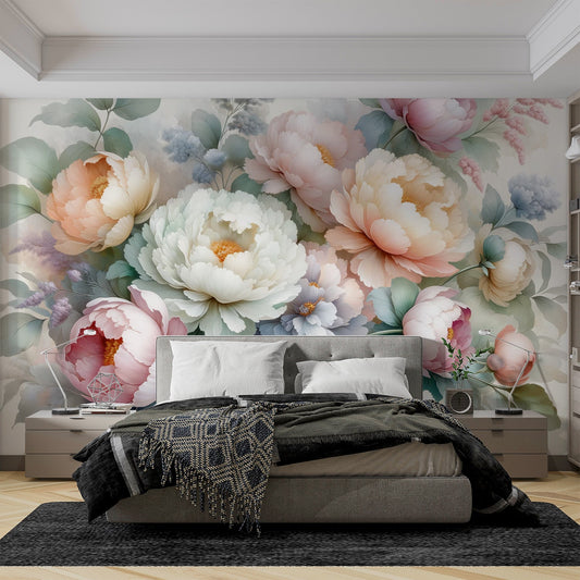 Tapete Pfingstrose | Große Blumen im Aquarellhintergrund