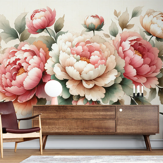 Tapete Pfingstrose | Große rosa Blumen im Retro-Stil