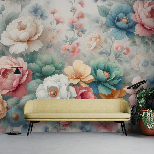Tapete Pfingstrose | Vintage mit großen bunten Blumen