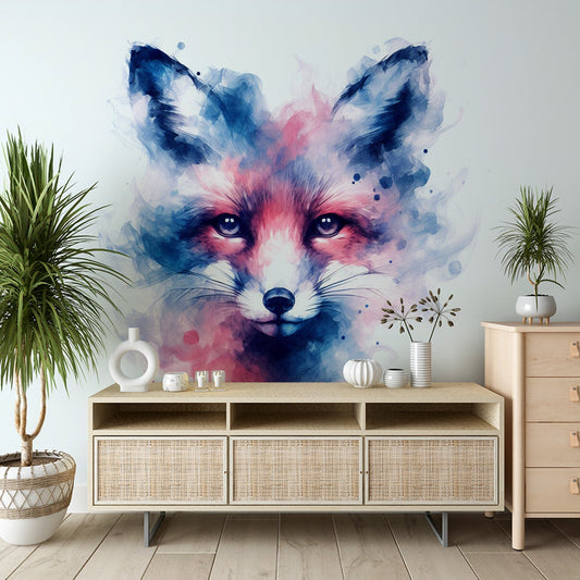 Fuchs Tapete | Bunte Aquarell in Blau und Rosa