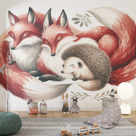 Fuchs Tapete | Fuchspaar mit kleinem Igel