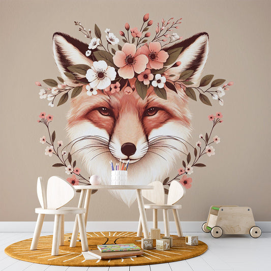 Fuchs Tapete | Blumenkranz und Fuchskopf Tapete