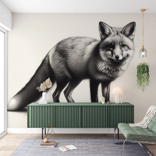 Fuchs Tapete | Schwarz-Weiß-Zeichnung