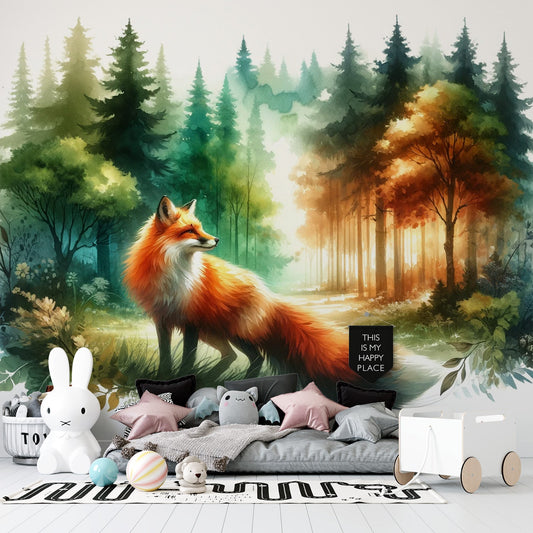 Tapete Fuchs | Lebendige Farben und grüner Wald