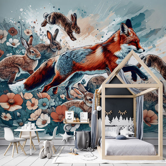 Fuchs Tapete | Kaninchenjagd in Blumen