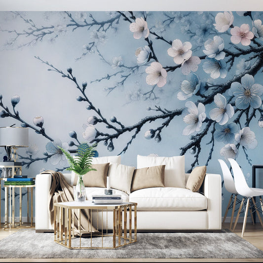 Tapete Kirschblüte | Japanischer Baum mit blauen und weißen Blüten