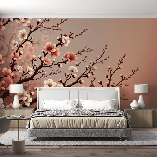 Tapete Kirschblüte | Japanischer Baum mit roten Blüten und Hintergrund