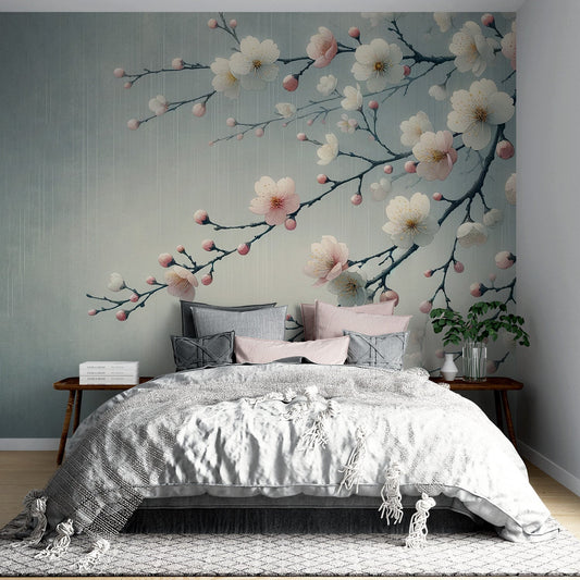 Tapete Kirschblüte | Japanischer Baum mit rosa und weißen Blüten auf einem verwitterten blauen Hintergrund