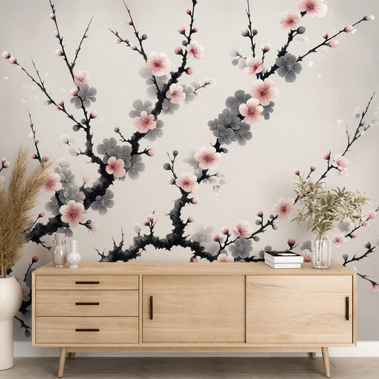 Tapete Kirschblüte | Japanischer Baum mit rosa und grauen Blüten