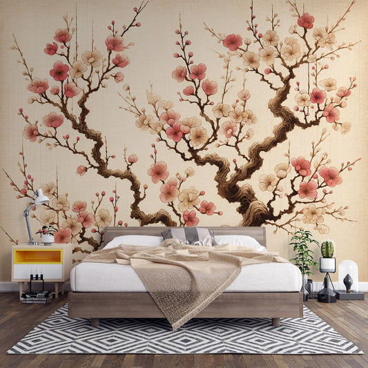 Tapete Kirschblüte | Japanischer Baum mit roten und weißen Blüten auf gealtertem Hintergrund