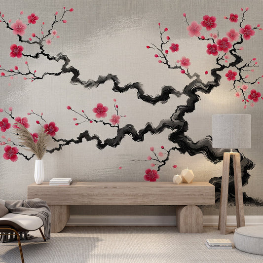 Tapete Kirschblüte | Japanischer Baum mit roten Blüten und grauem Hintergrund