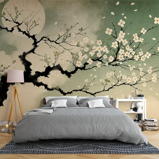 Japanische Kirschblüten Tapete | Hintergrund gealtert und Kirschblütenbaum in Ölgemälde