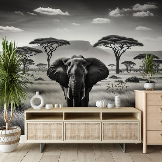Tapete Afrika | Schwarz-weißer Elefant in der Savanne