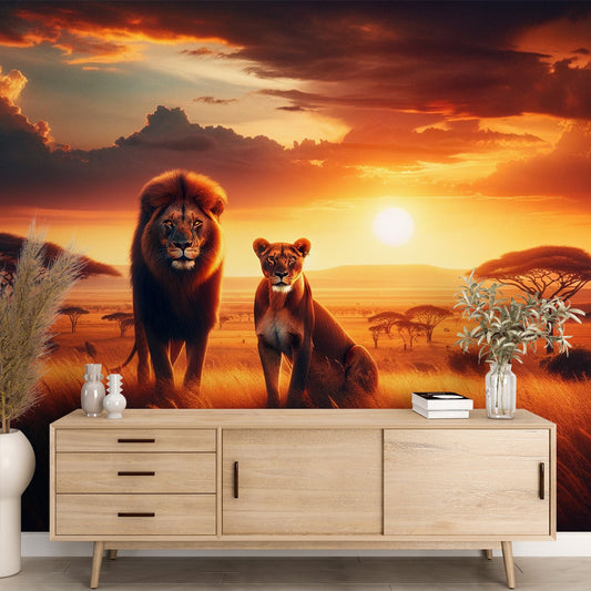 Tapete Afrika | Löwe und Löwin mit Sonnenuntergang