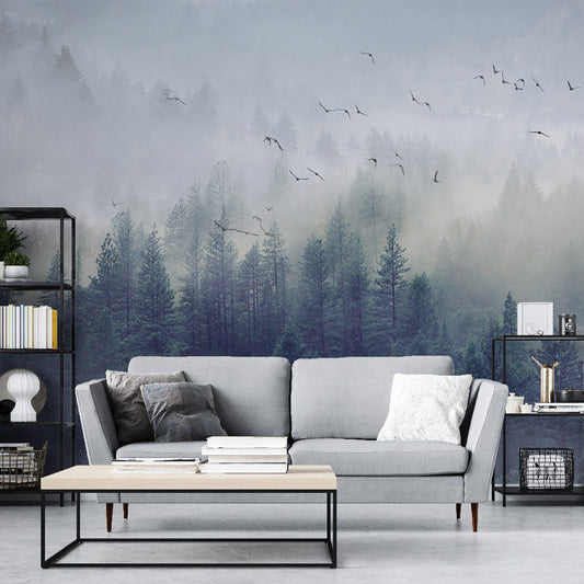 Tapete Baum | Fototapete Tannenwald mit Vögeln